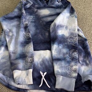Blue Tie-Dye Hoodie with Rose Design and adjustable bottom